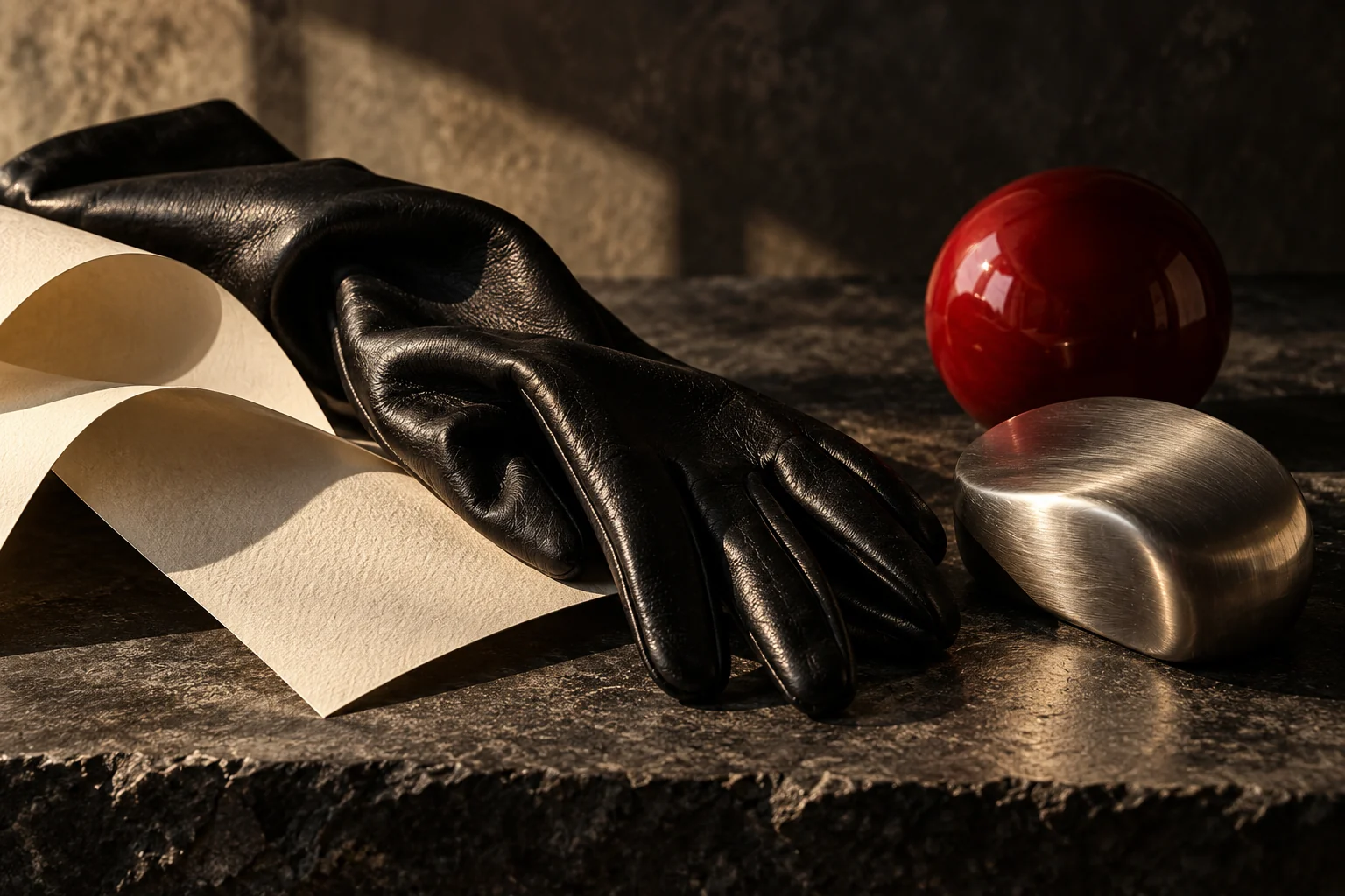 Black leather, folded ivory paper and sculptural objects under warm light