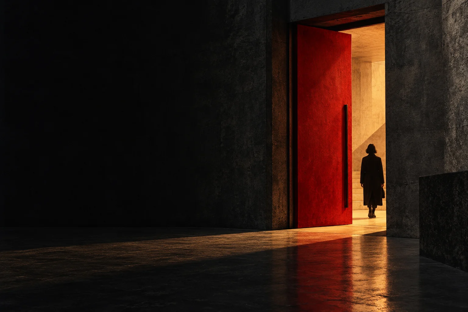 A red architectural door opening into warm light